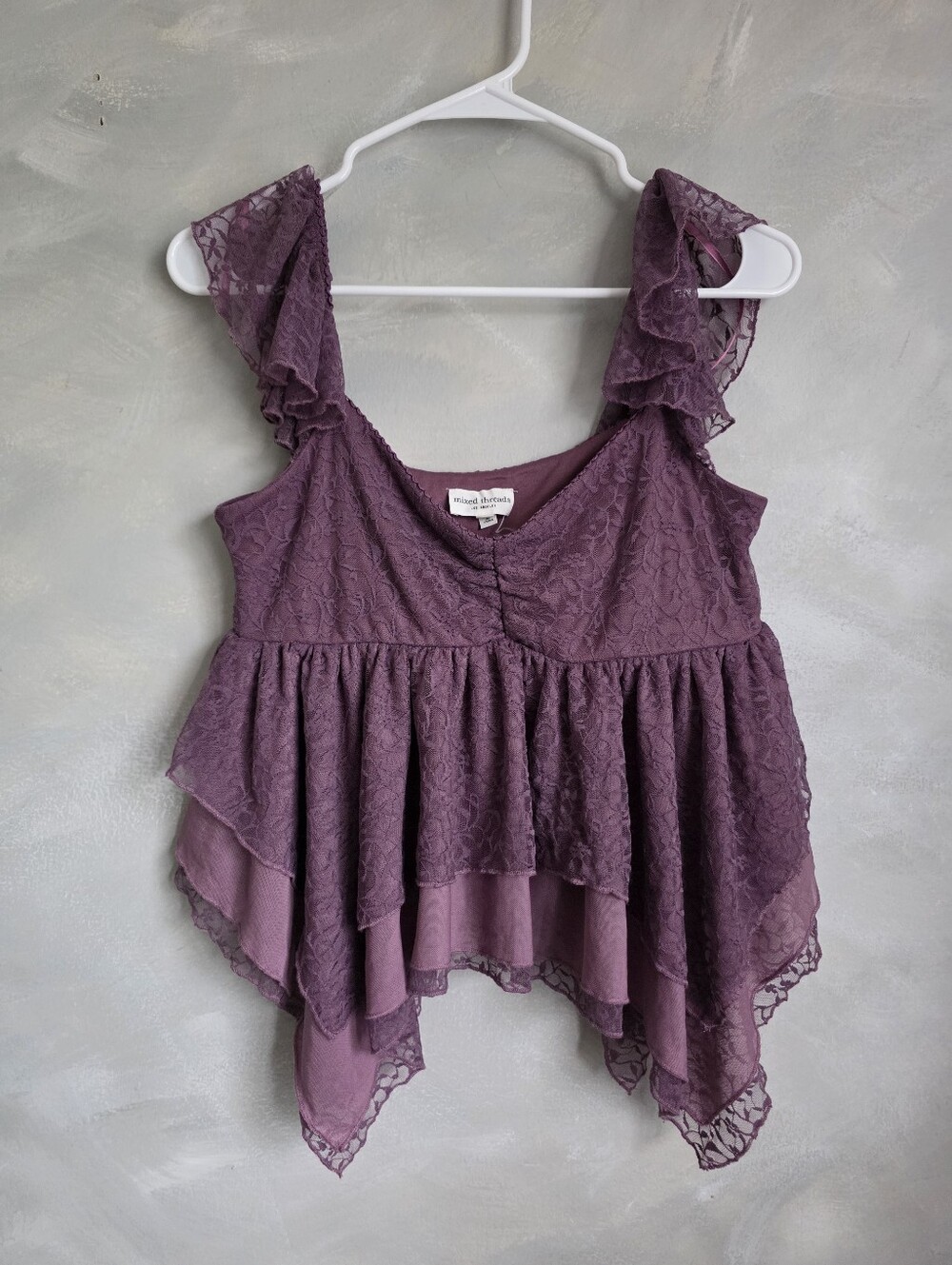 Fairy Whimsical Purple Mauve Colored Lace Trim Babydoll Top M